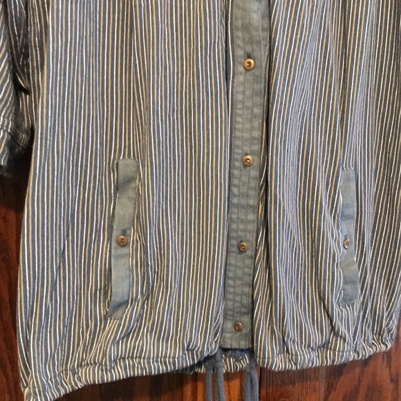 FREE PEOPLE Striped Blue Denim Chambray Hooded Button Front Top - Picture 3 of 10